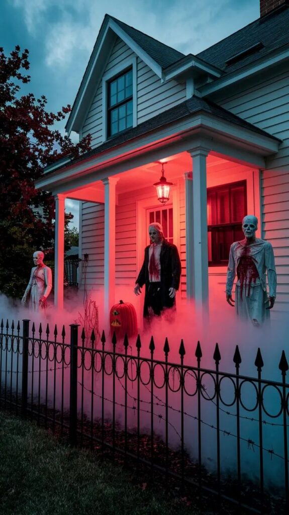Haunted house with eerie fog, spooky figures, and red lighting for Halloween decor.