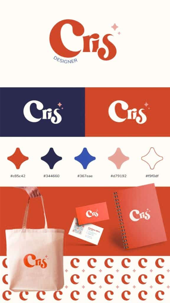 Logo and brand design for Cris Designer, featuring color palette, business card, notebook, tote bag, and branding elements.