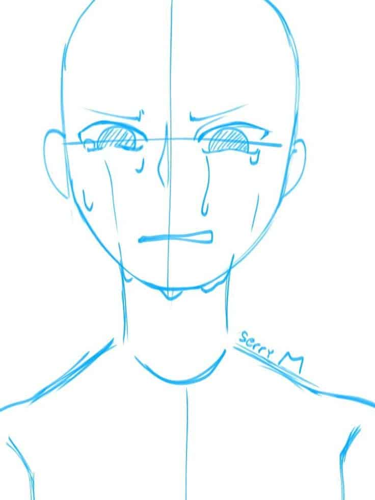 Simple line drawing of a bald character crying, with tears streaming down their face.