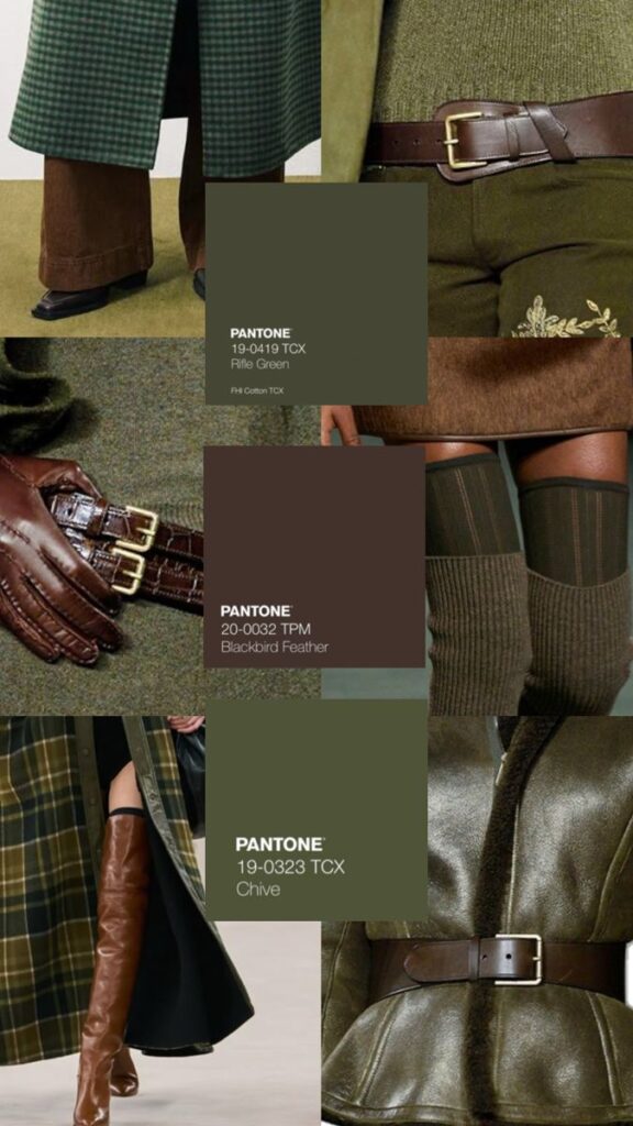Fashion collage showcasing Pantone colors: Rifle Green, Blackbird Feather, and Chive in stylish outfits and accessories.