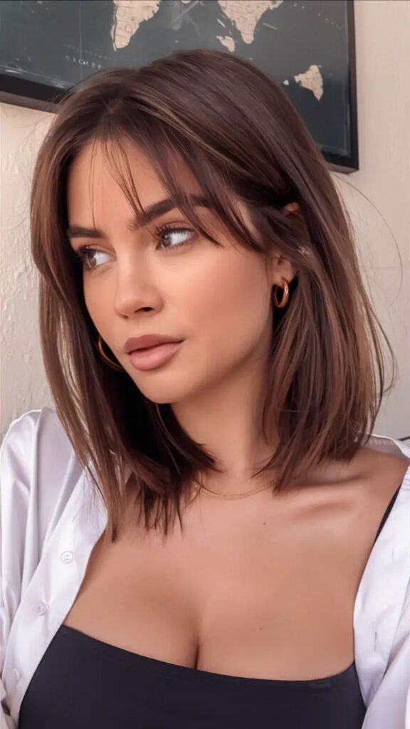 Woman with short brunette hair wearing hoop earrings, black top, and white shirt, looking to the side.