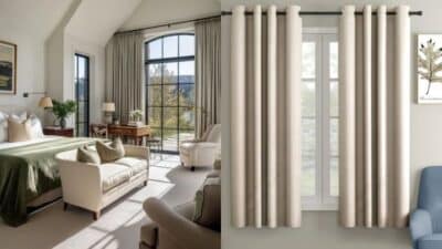 Elegant bedroom with large window, beige curtains, and modern seating, offering a cozy and inviting atmosphere.