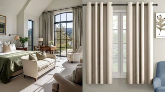 Curtains for Living Room and Blackout Curtains for Bedroom The Complete Guide Elegant bedroom with large window, beige curtains, and modern seating, offering a cozy and inviting atmosphere. | Sky Rye Design Elegant bedroom with large window, beige curtains, and modern seating, offering a cozy and inviting atmosphere.