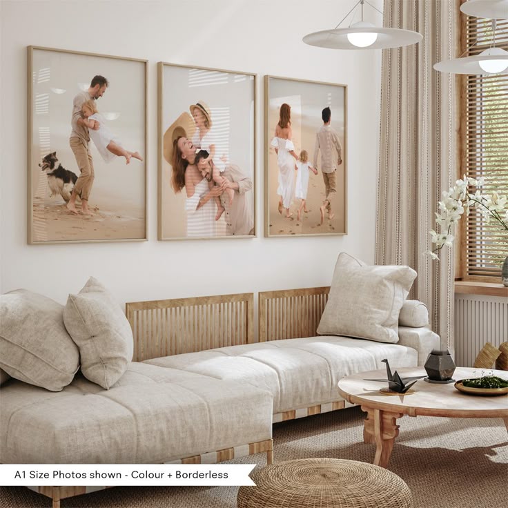 Stylish living room with beige decor, featuring three large family photos on the wall above a cozy sofa.