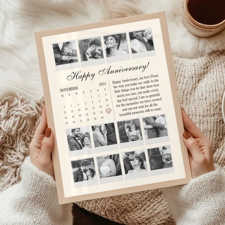 Custom Photo Collage First Wedding Anniversary Gift for Couples 1st Year Keepsake for Husband or Wife Girlfriend TW12 UM Anniversary photo collage with heartfelt message on calendar, framed as a personalized gift held in cozy setting. | Sky Rye Design Anniversary photo collage with heartfelt message on calendar, framed as a personalized gift held in cozy setting.