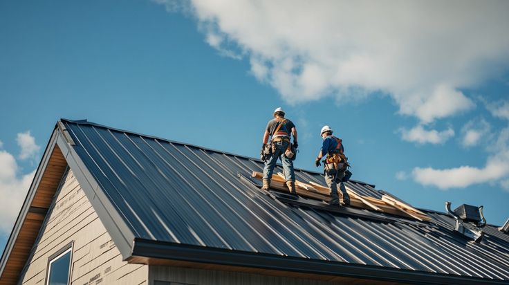 Roofers in safety gear installing modern metal roofing on a house under a blue sky.