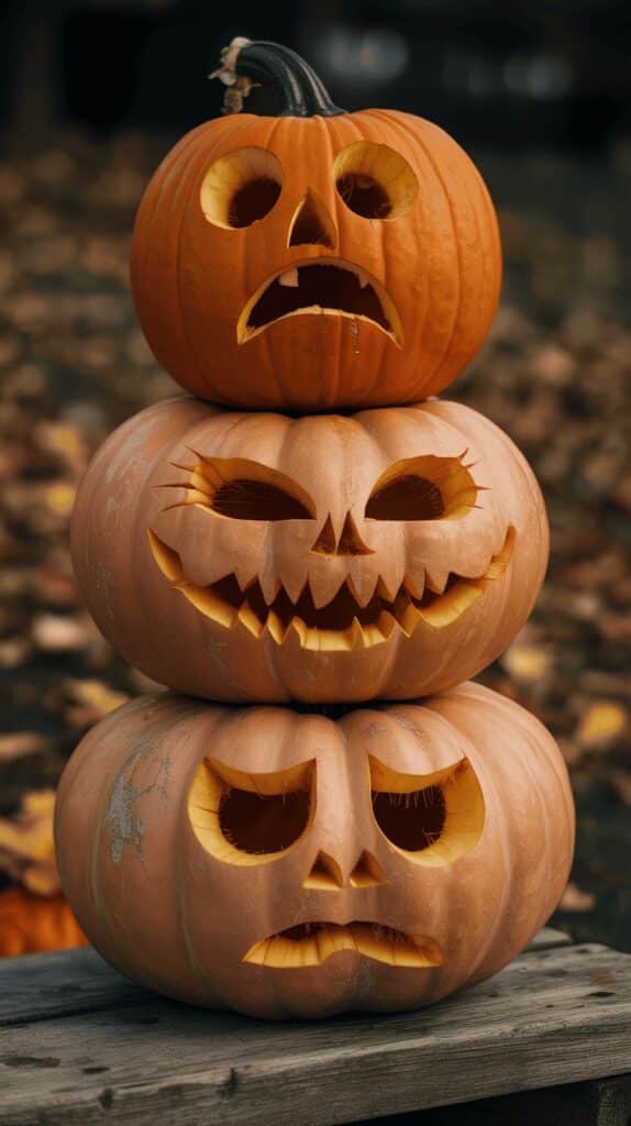 Stacked carved pumpkins with spooky faces, perfect for Halloween decoration on autumn leaves background.