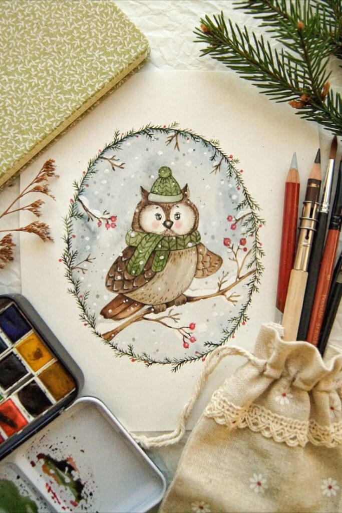 Watercolor painting of a cute owl in winter attire, surrounded by art supplies and evergreen branches.