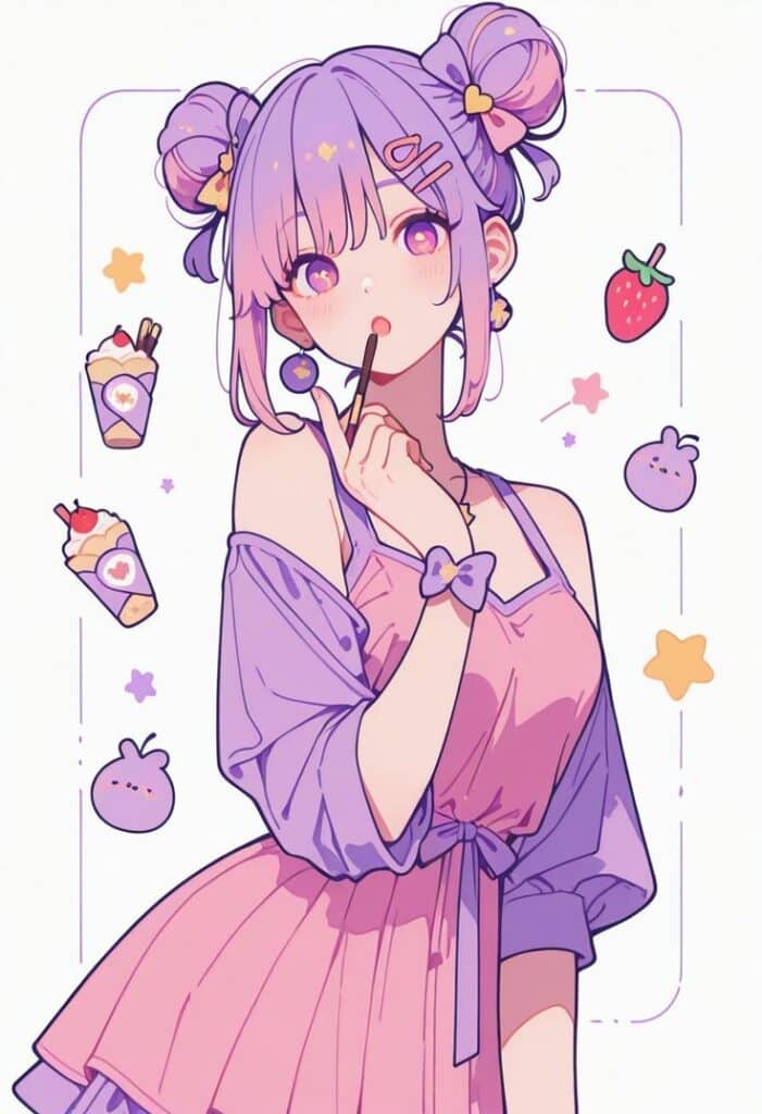 Cute_ Cute anime girl with lilac hair and pink dress surrounded by strawberries and sweets, licking a lollipop. | Sky Rye Design Cute anime girl with lilac hair and pink dress surrounded by strawberries and sweets, licking a lollipop.