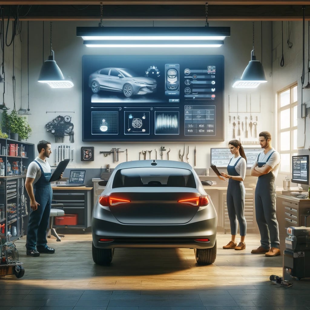 Mechanics analyze car diagnostics on digital screens in a modern workshop with advanced tools.