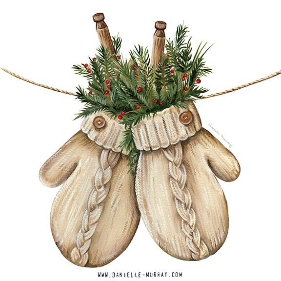 Cozy knit mittens with pine branches and berries on string, perfect for festive winter decoration.
