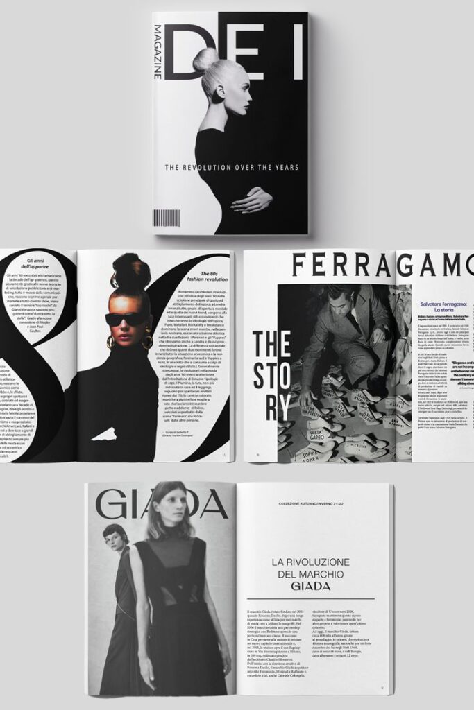 Fashion magazines showcasing revolutionary style articles and iconic brand stories with elegant black and white designs.