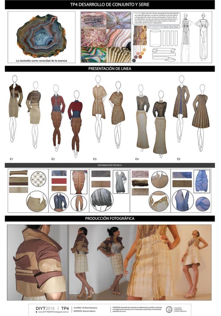 Fashion design project showcasing garments inspired by geode patterns, including sketches and textile samples.