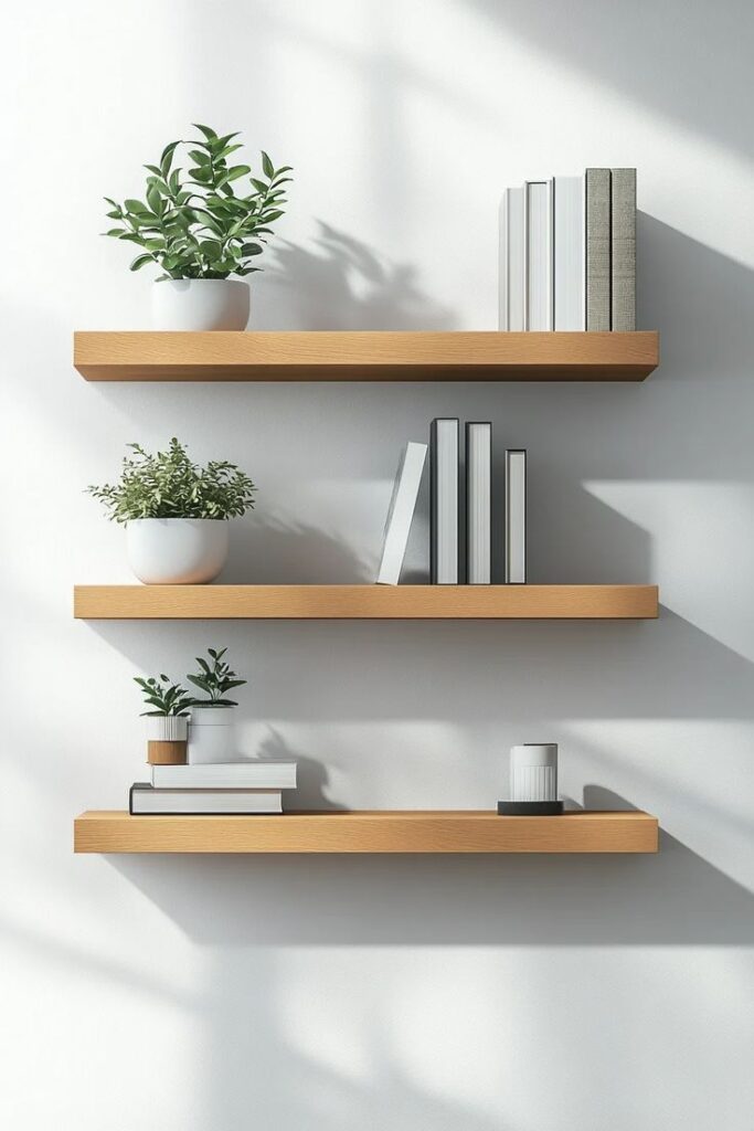 Minimalist wooden wall shelves with books and potted plants, enhancing modern home decor.