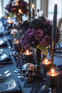 DIY Halloween Centerpieces 🕯️🎃 Elegant gothic table setting with purple roses, black candles, and skull decor for a Halloween-themed dinner. | Sky Rye Design Elegant gothic table setting with purple roses, black candles, and skull decor for a Halloween-themed dinner.