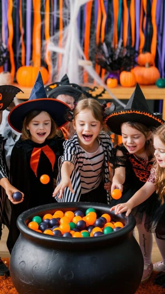 Kids in Halloween costumes playing with colorful balls in a cauldron, festive decorations in the background.