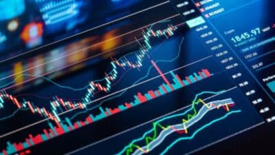 Stock market graph on digital screen showing upward trend with candles, lines, and indicators for financial analysis.