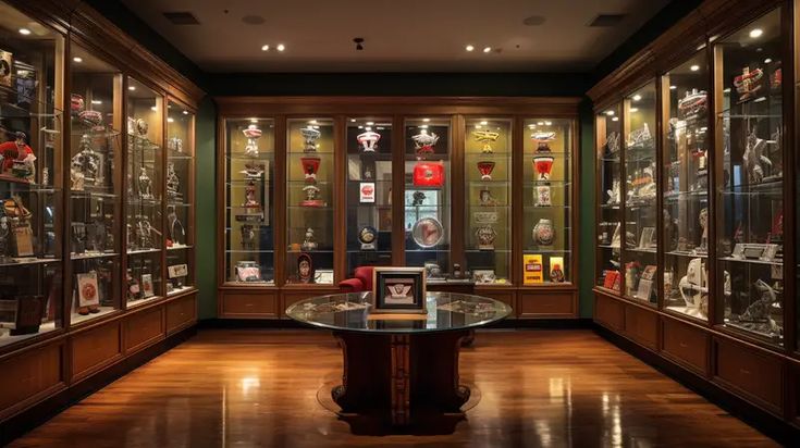 Museum exhibition room filled with vintage memorabilia in glass cabinets, dimly lit, polished wooden floor.