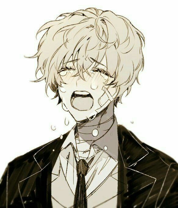 Crying anime character with messy blonde hair, suit, and bandages, expressing intense emotion, tears streaming down.