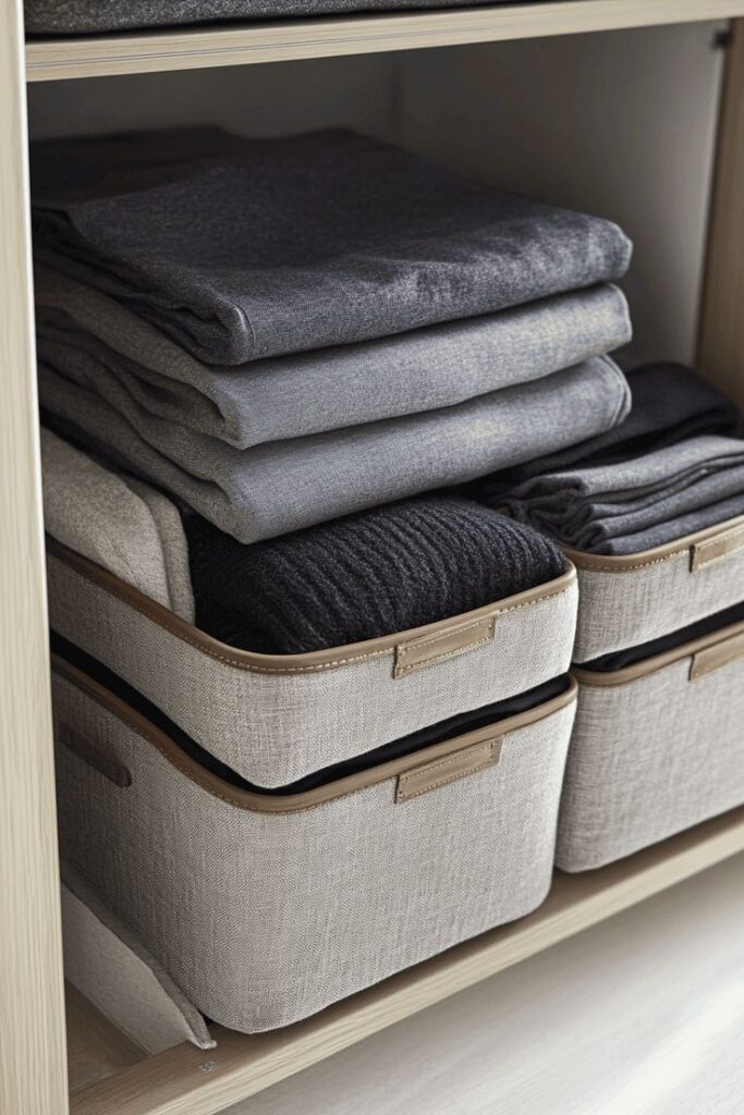 Neatly organized grey and black sweaters in closet with fabric storage boxes. Optimal closet organization ideas.
