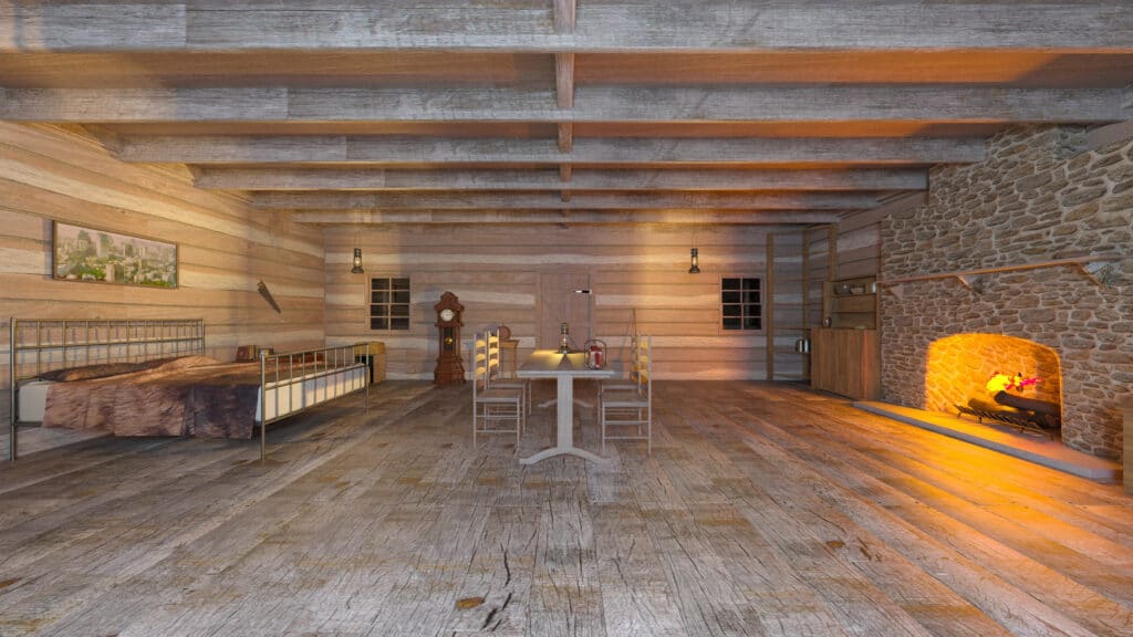 Cozy rustic cabin interior with wooden beams, stone fireplace, bed, dining table, and warm lighting.