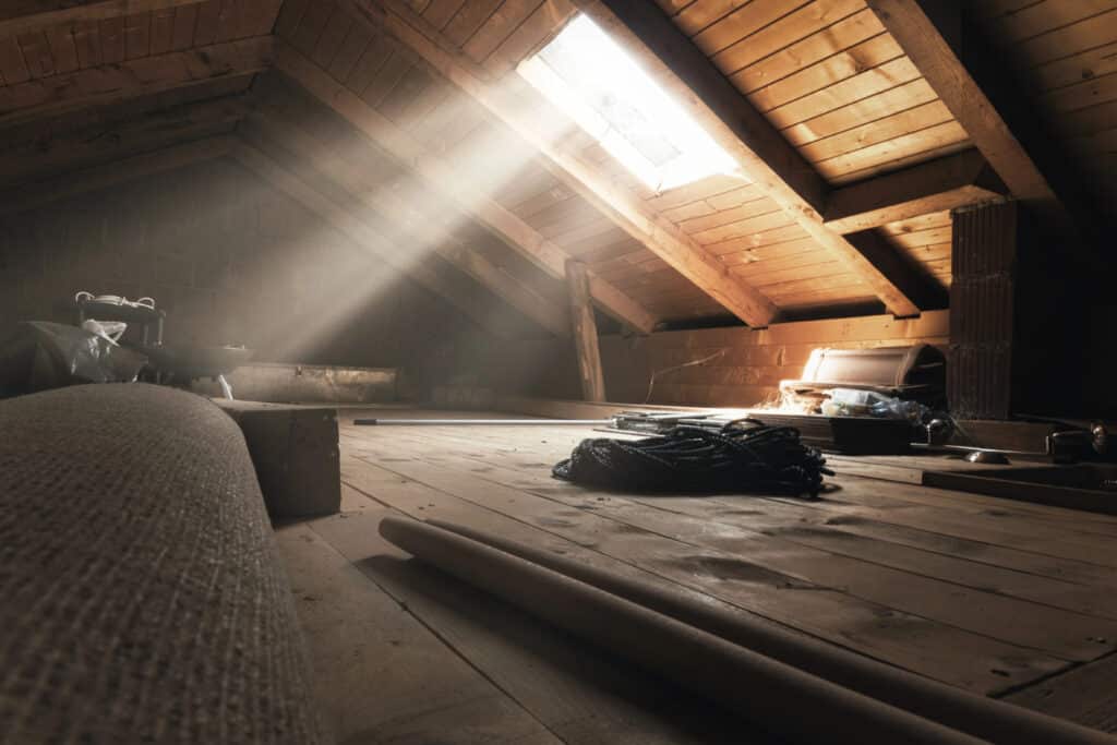 Sunlit attic interior with wooden beams, scattered objects, and dust particles. Cozy storage space or renovation project.