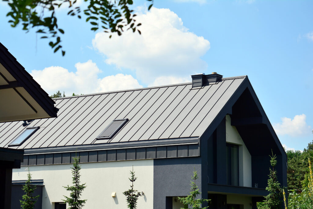 Modern house with metal roof, skylights, and trees under a blue sky with clouds.