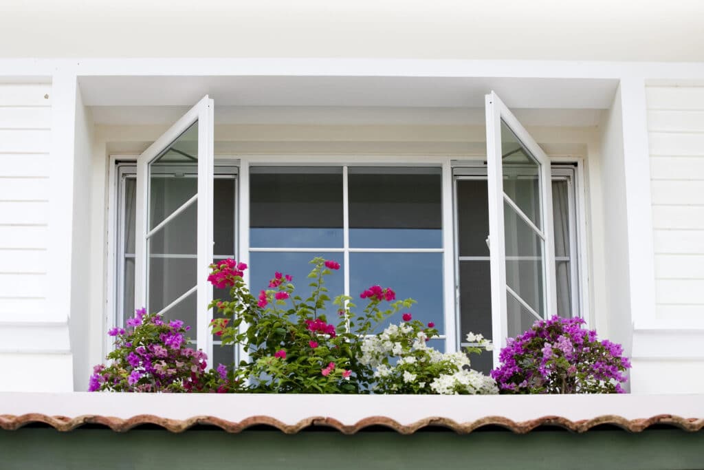 Open window with colorful bougainvillea flowers in bloom, adding a vibrant touch to a white building exterior.