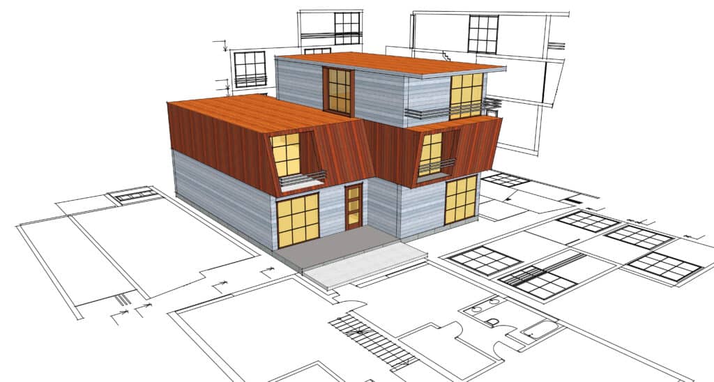 Depositphotos_466335320_XL Modern house design rendering with wooden accents and floor plans in background. | Sky Rye Design Modern house design rendering with wooden accents and floor plans in background.