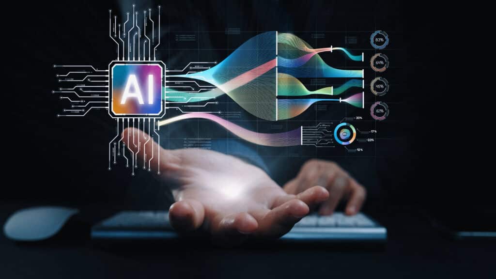 AI technology concept with digital data flow, circuit patterns, and hand gesture on dark background.