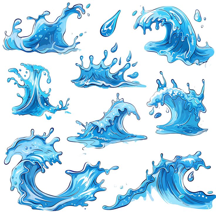Illustrated blue ocean waves and splashes, showcasing dynamic water motion and artistic design.