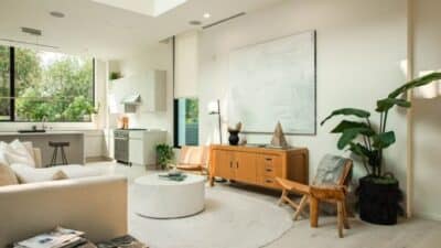 Modern open-concept living room and kitchen with natural light, stylish furniture, and indoor plants.