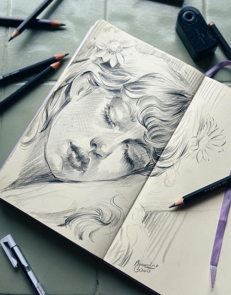Dessin au crayon graphite - sketchbook - by © Amandine Comte Pencil sketch of a sleeping woman with flowers in hair, surrounded by drawing tools on a desk. | Sky Rye Design Pencil sketch of a sleeping woman with flowers in hair, surrounded by drawing tools on a desk.