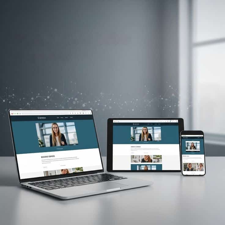 Responsive website design shown on laptop, tablet, and smartphone screens on a desk.