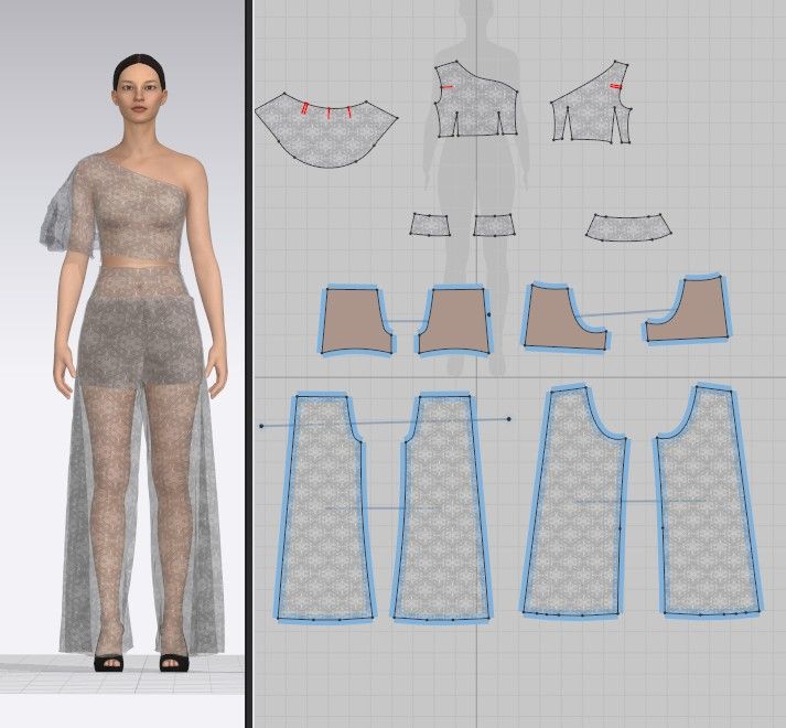 Digital fashion Marvelous designer Clo3d Fashion design software showing 3D garment prototype and pattern pieces on grid layout. | Sky Rye Design Fashion design software showing 3D garment prototype and pattern pieces on grid layout.