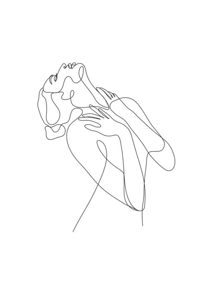 Minimalist one-line drawing of a woman tilting her head back, with her hands resting on her shoulders.