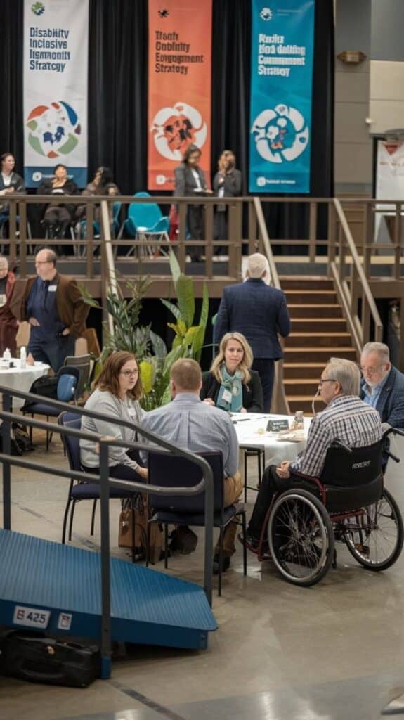 People discuss around tables at an inclusive community engagement event with accessibility features and banners.