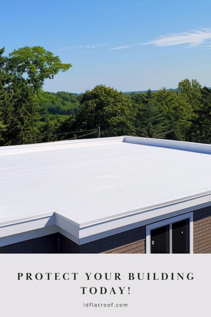 Flat roof installation with trees in the background, promoting building protection. Text: Protect Your Building Today!