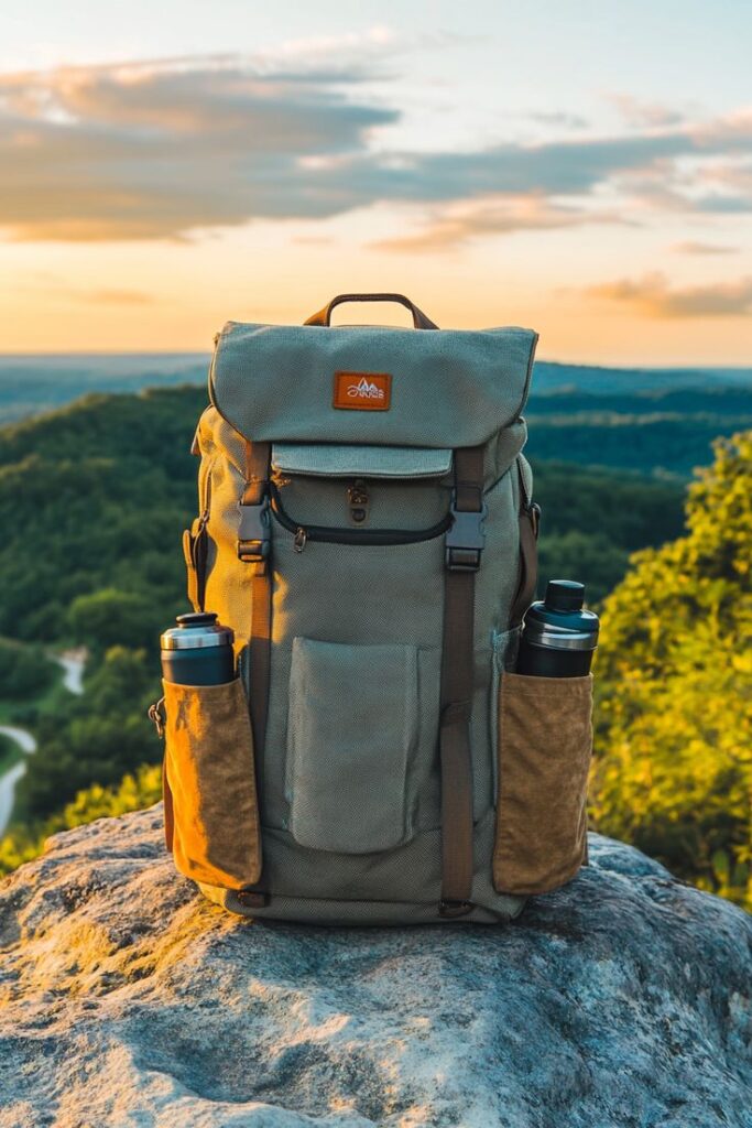 Backpack on a rock during scenic sunset hike, with trees in the background and two water bottles on the sides.