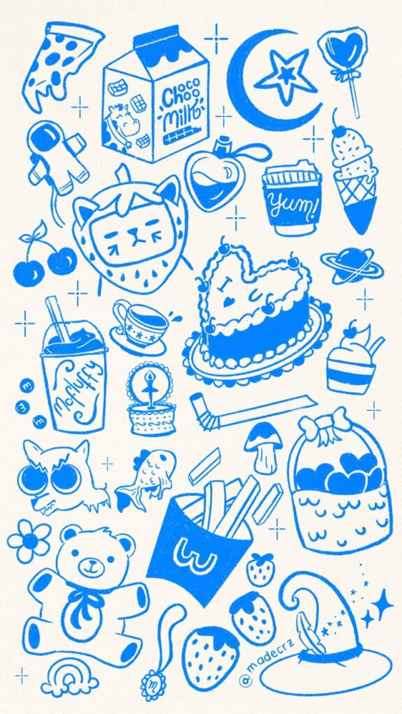 Doodle Wallpaper Cute Stuff Whimsical blue doodles featuring food, stars, and cute items like pizza, chocolate milk, teddy bear, and heart cake. | Sky Rye Design Whimsical blue doodles featuring food, stars, and cute items like pizza, chocolate milk, teddy bear, and heart cake.