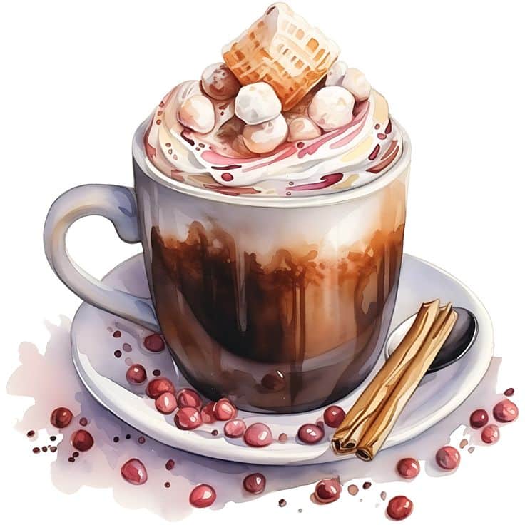 Illustration of a latte topped with whipped cream, marshmallows, wafer, and cinnamon sticks on a saucer.