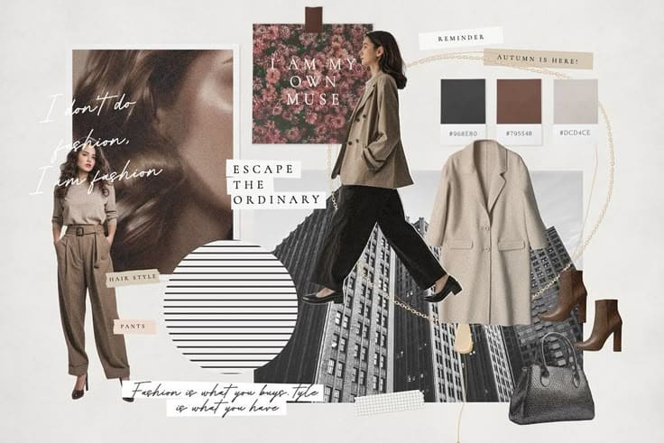 Fashion collage with models, outfits, colors, and inspirational quotes like I am my own muse. Autumn fashion theme.