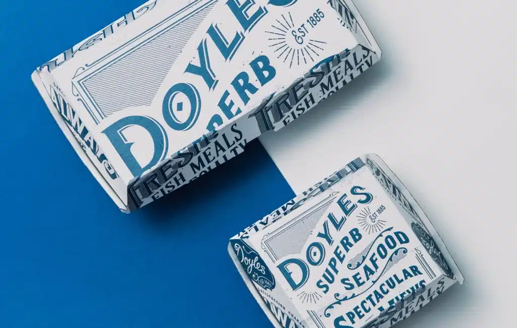 Doyles-rebrand-packaging-food-01 Doyles seafood meal packaging on blue and white background, highlighting fresh and superb seafood brand. | Sky Rye Design Doyles seafood meal packaging on blue and white background, highlighting fresh and superb seafood brand.