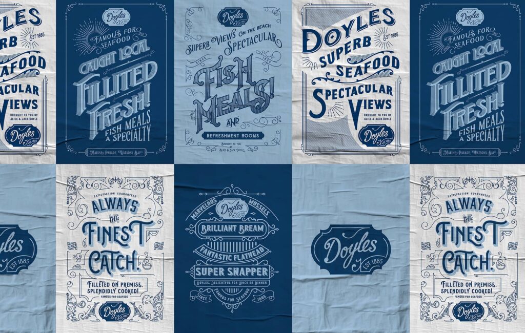 Doyles-rebrand-packaging-food-05 Vintage Doyle's seafood posters showcasing fresh fish meals and spectacular views since 1885. | Sky Rye Design Vintage Doyle's seafood posters showcasing fresh fish meals and spectacular views since 1885.
