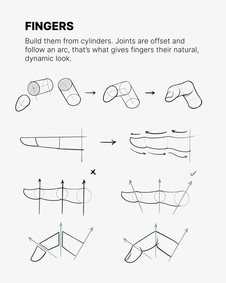 Drawing tutorial showing how to construct fingers using cylinders for a dynamic, natural look.