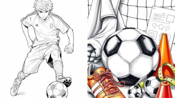 Drawing Techniques Soccer player illustration and training equipment, featuring a ball, shoes, and cones for football practice. | Sky Rye Design Soccer player illustration and training equipment, featuring a ball, shoes, and cones for football practice.