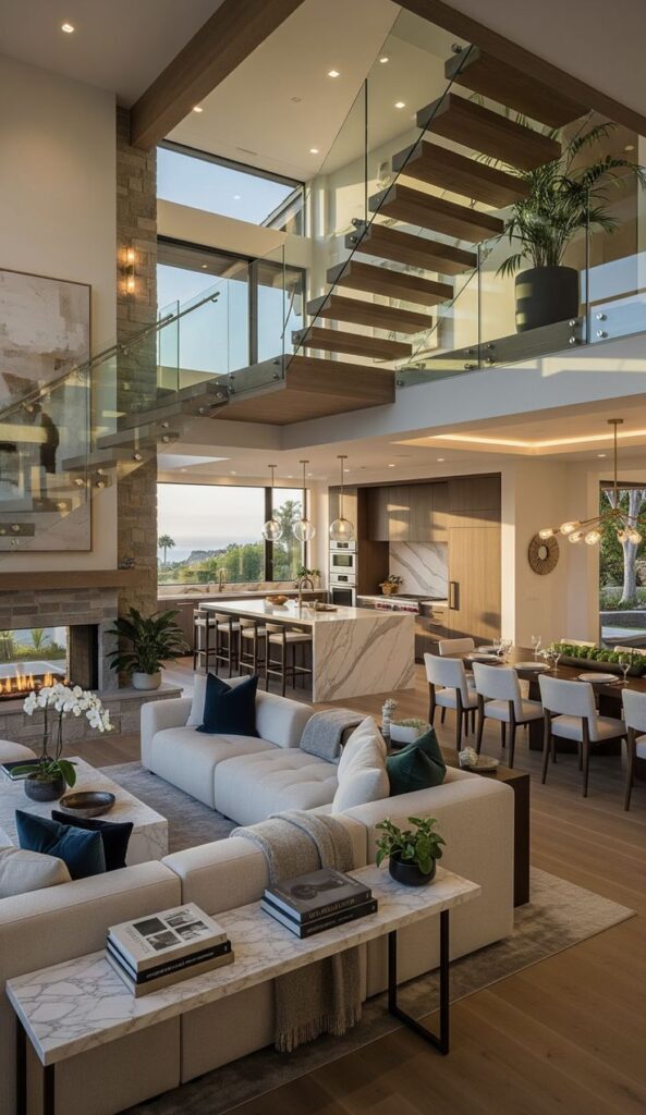 Luxurious open-concept living room with modern staircase, elegant kitchen, and large windows overlooking scenic views.