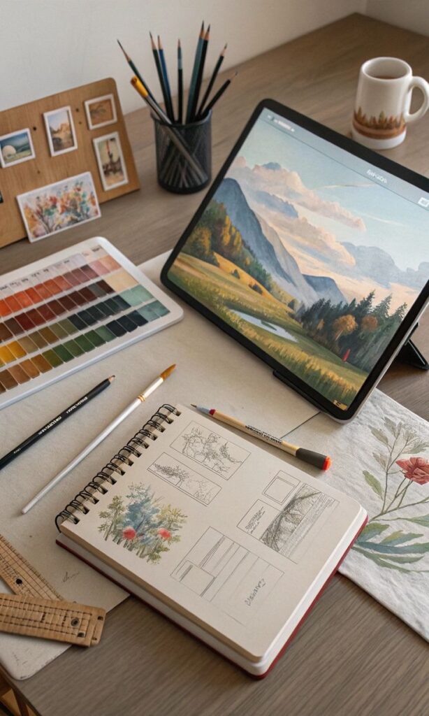 Artistic workspace with sketchbook, digital tablet painting, pencils, and color palettes on a wooden desk.