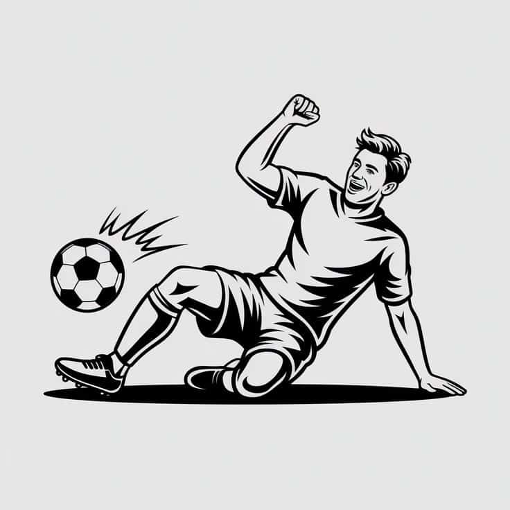 Illustration of a soccer player celebrating on the ground after kicking a ball, showcasing excitement and energy.
