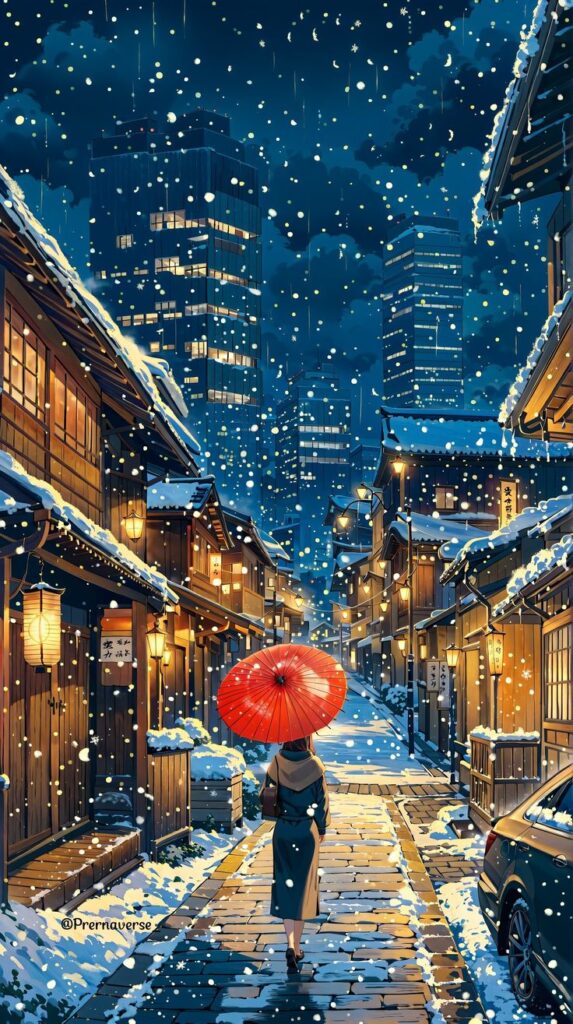 Snowy evening street scene with a red umbrella, traditional and modern buildings, and softly falling snowflakes.